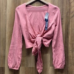 pink ribbed wrap sweater